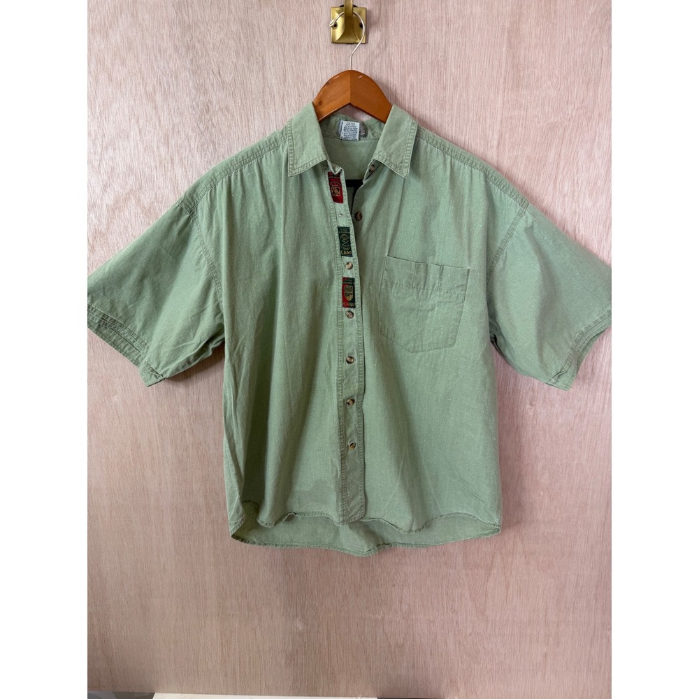 Vintage Tangiers Mens Large Sage Green Cotton Short Sleeve Camp Patch Shirt